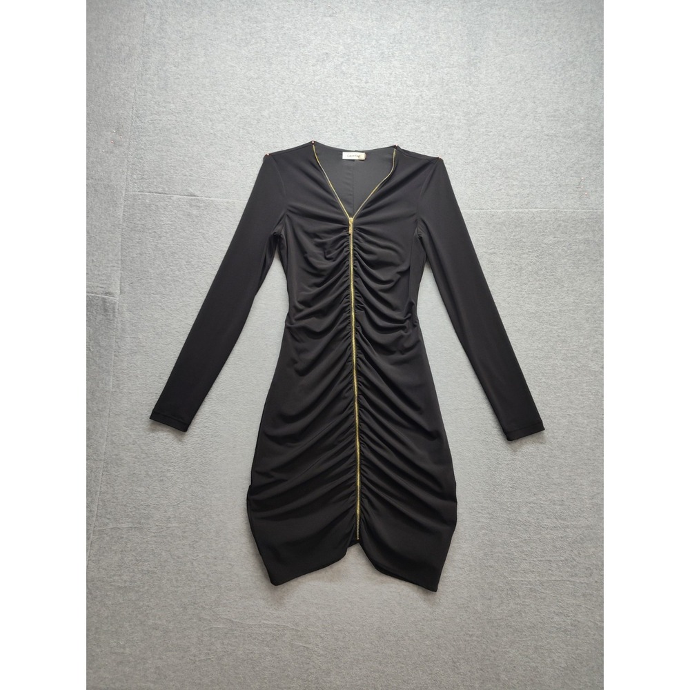 Calvin Klein Women Dress 2 Black Full Zip V Neck Long Sleeve Ruch Stretch Casual